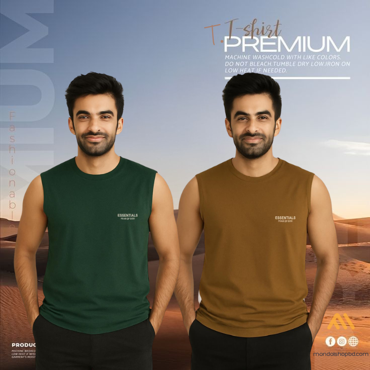 🔥 2 Pieces Sleeveless T-Shirt, Green & Brown কম্বো – বেশি নিন, কম খরচ করুন! 🔥