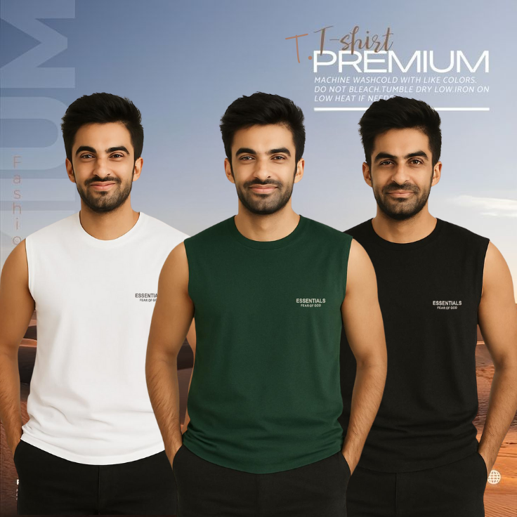 🔥 3 Pieces Sleeveless T-Shirt, White & Green & Black কম্বো – বেশি নিন, কম খরচ করুন! 🔥
