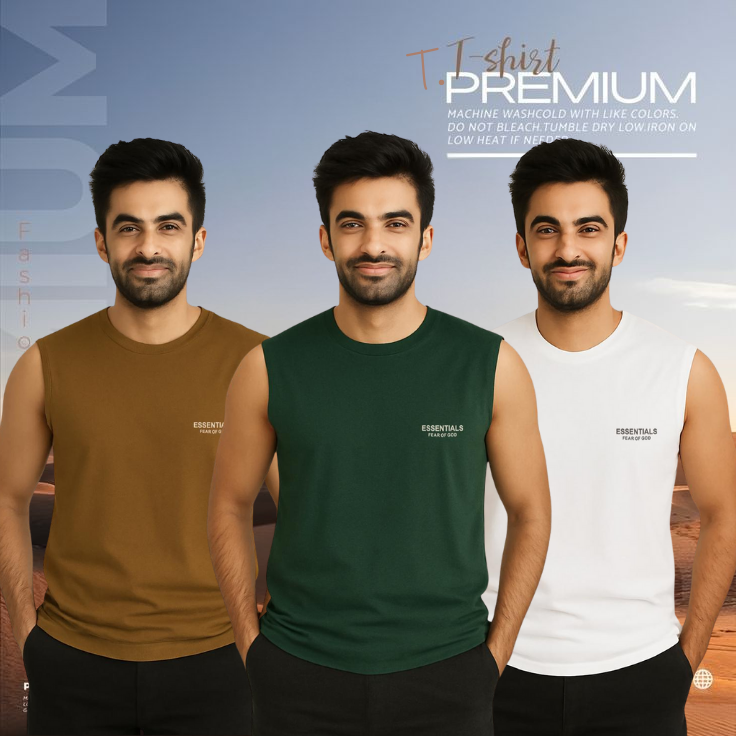 🔥 3 Pieces Sleeveless T-Shirt, Brown & Green & White কম্বো – বেশি নিন, কম খরচ করুন! 🔥