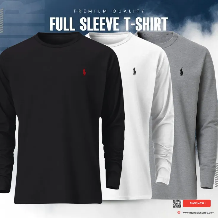 3 Pieces  Premium Full Sleeve T-Shirt – Black & White & Gray