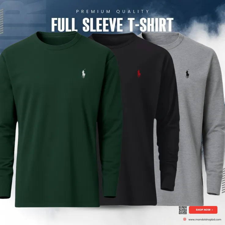 3 Pieces  Premium Full Sleeve T-Shirt – Green & Black & Gray