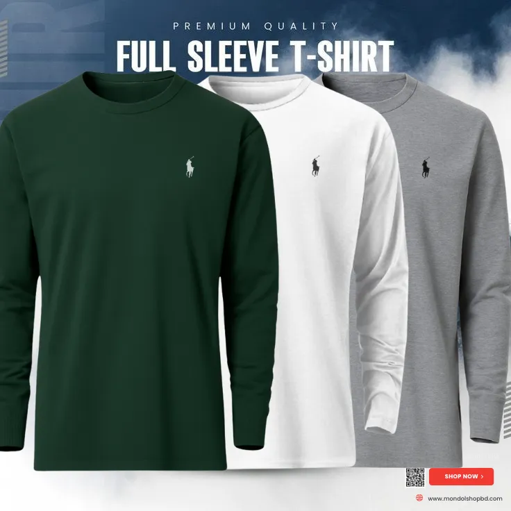 3 Pieces  Premium Full Sleeve T-Shirt – Green & White & Gray