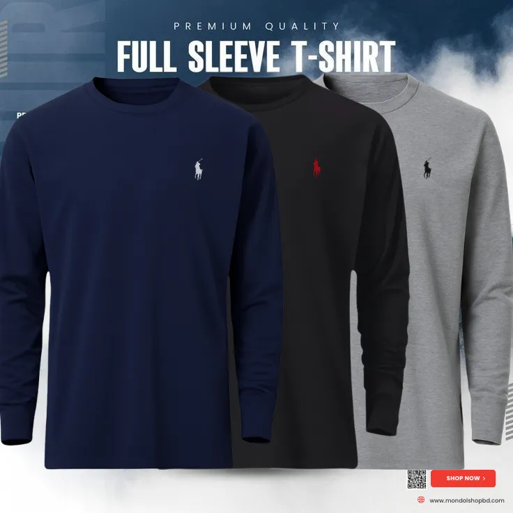 3 Pieces  Premium Full Sleeve T-Shirt –  Navy Blue & Black & Gray