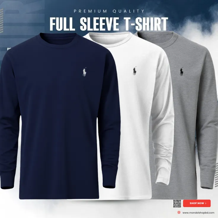 3 Pieces  Premium Full Sleeve T-Shirt – Navy Blue & White & Gray